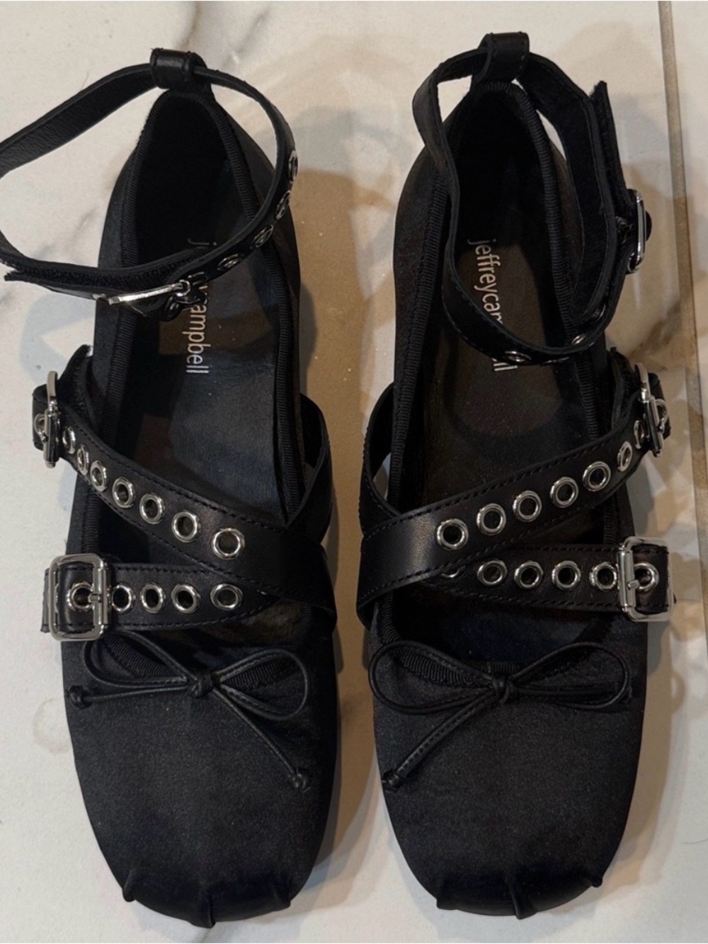 Jeffrey Campbell Choreo Moto Black Satin Ballet Flats 9 Punk Ballerina Mary Jane - Picture 5 of 8